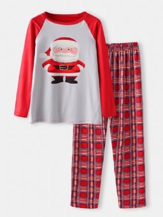 Herr Tecknad Jultomte Med Tryck Raglan Ärm Lös Pläd Byxor Home Lounge Pyjamas Set