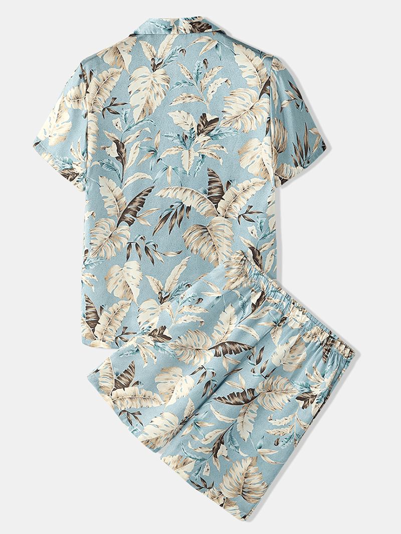 Herr Tropical Leaves Med Tryck Pyjamas Set Två Delar Hem Casual Sovkläder