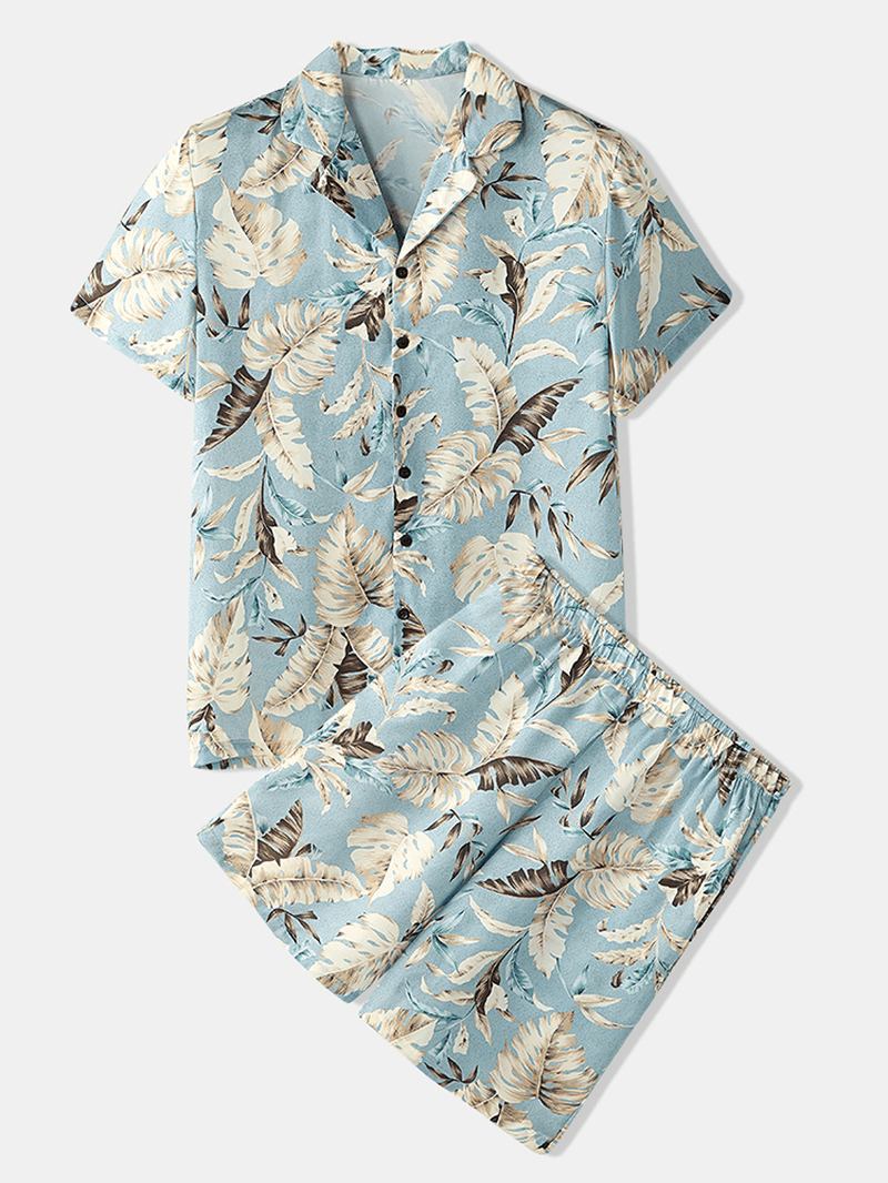 Herr Tropical Leaves Med Tryck Pyjamas Set Två Delar Hem Casual Sovkläder