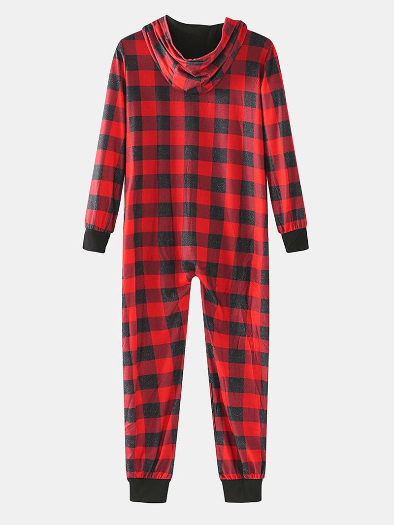 Klassiskt Plädtryck För Män Med Långärmad Dragkedja Med Huva För Hem Pyjamas I Ett Stycke