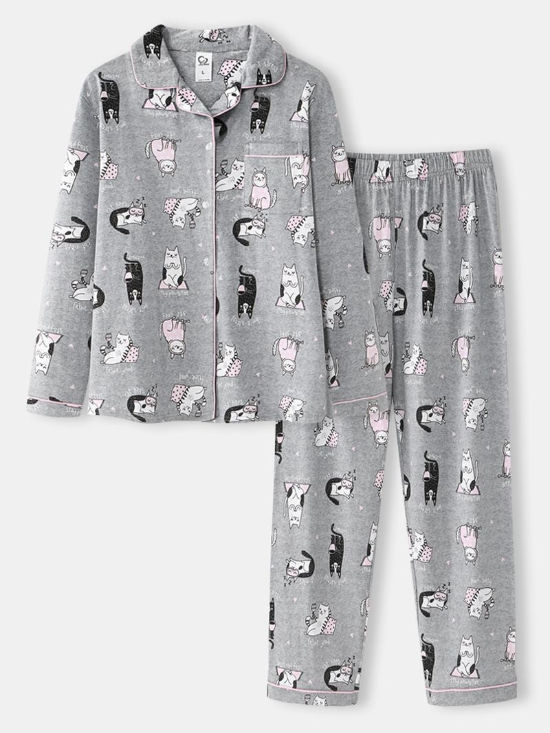 Kvinnor Allover Cartoon Katt Med Tryck Lapel Long Sleeve Cotton Loungewear Hem Pyjamasset