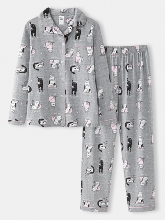 Kvinnor Allover Cartoon Katt Med Tryck Lapel Long Sleeve Cotton Loungewear Hem Pyjamasset