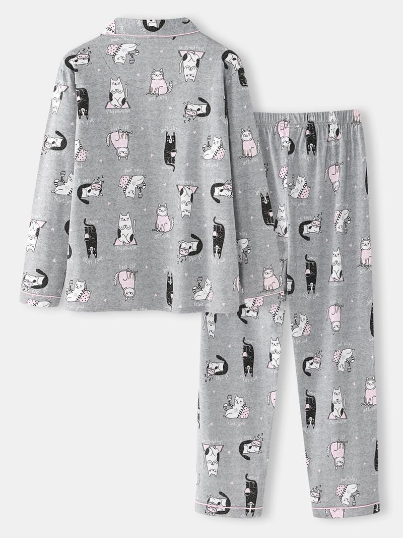 Kvinnor Allover Cartoon Katt Med Tryck Lapel Long Sleeve Cotton Loungewear Hem Pyjamasset