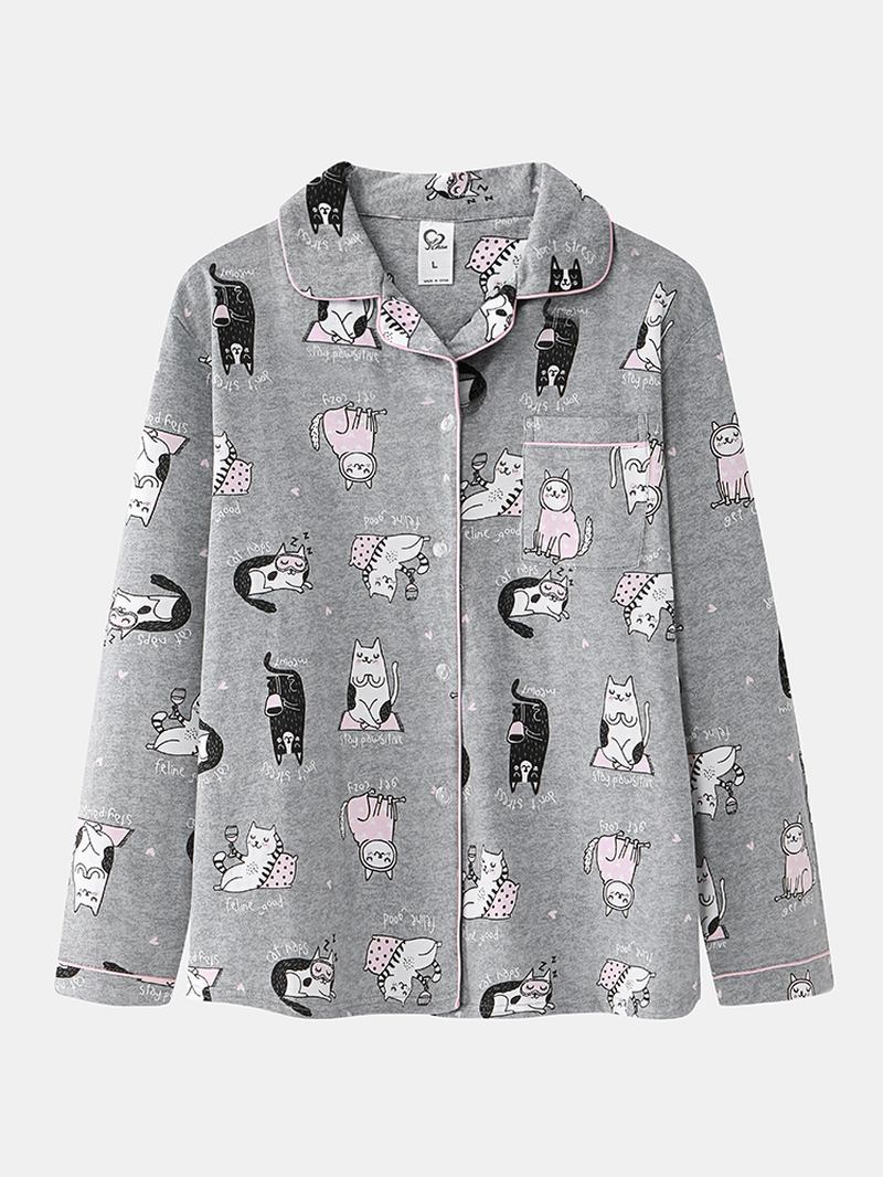 Kvinnor Allover Cartoon Katt Med Tryck Lapel Long Sleeve Cotton Loungewear Hem Pyjamasset