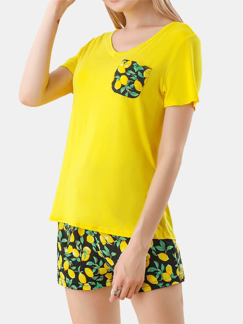 Kvinnor Ananas Plant Med Tryck V-neck Kortärmad Dragsko Hem Pyjamas Set