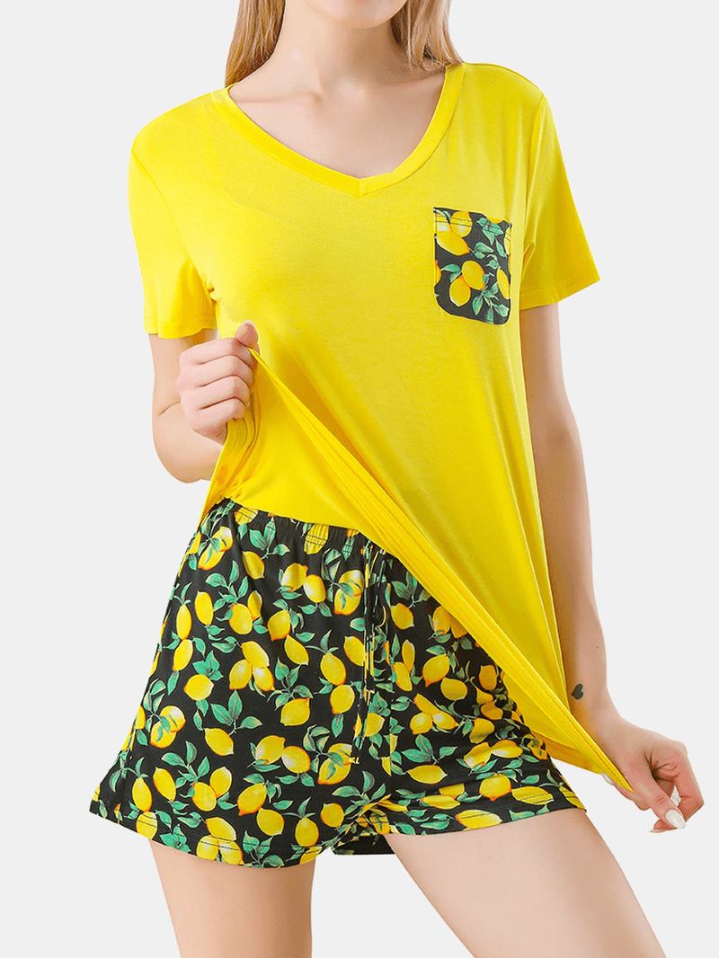 Kvinnor Ananas Plant Med Tryck V-neck Kortärmad Dragsko Hem Pyjamas Set