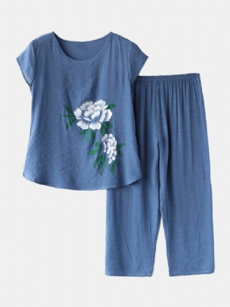 Kvinnor Blommor Med Tryck Plus Size Pyjamas Loose Short Sleeve Loungewear