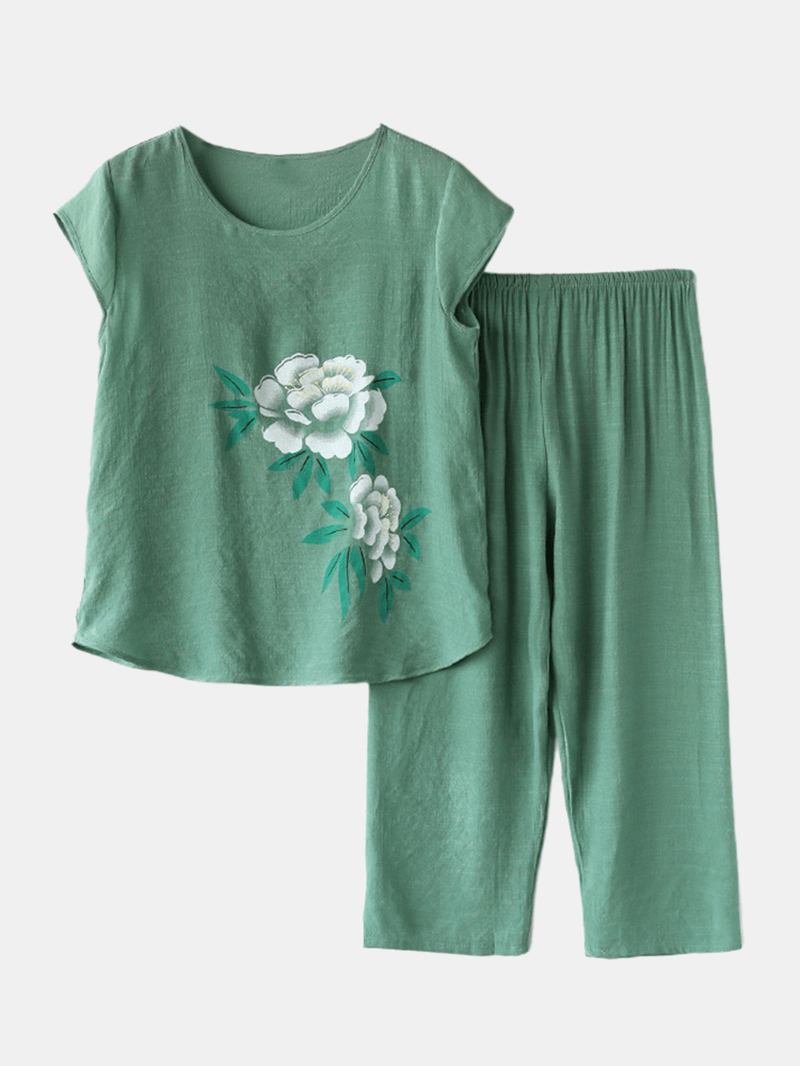 Kvinnor Blommor Med Tryck Plus Size Pyjamas Loose Short Sleeve Loungewear