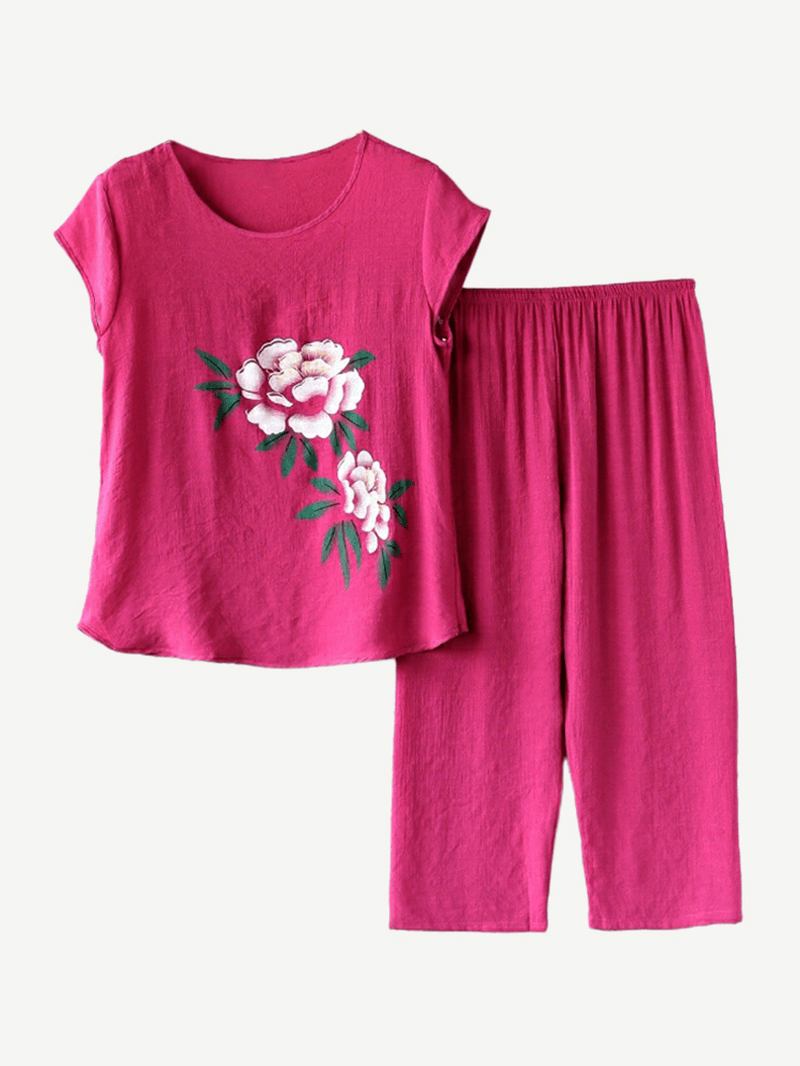 Kvinnor Blommor Med Tryck Plus Size Pyjamas Loose Short Sleeve Loungewear