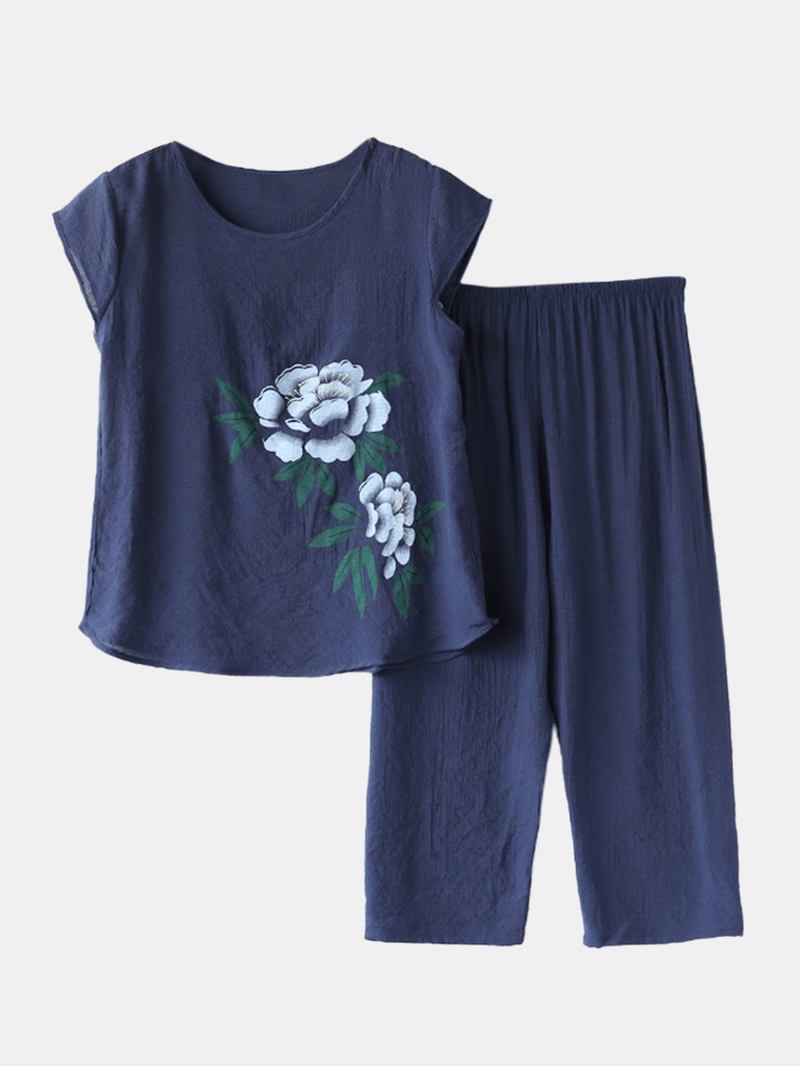 Kvinnor Blommor Med Tryck Plus Size Pyjamas Loose Short Sleeve Loungewear