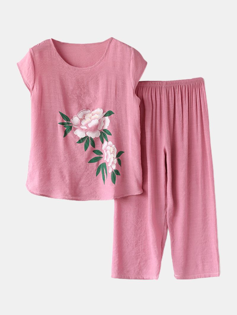 Kvinnor Blommor Med Tryck Plus Size Pyjamas Loose Short Sleeve Loungewear