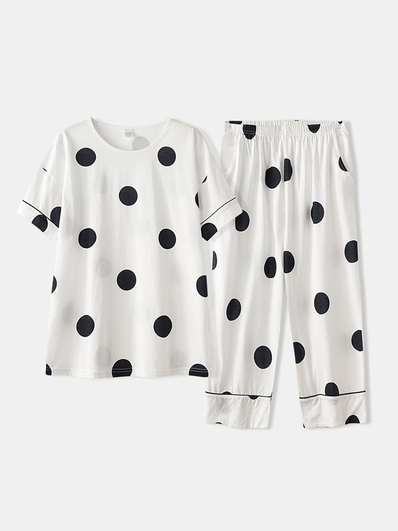 Kvinnor Bomull Polka Dot Kortärmad Pyjamas Set Casual Summer Sleepwear