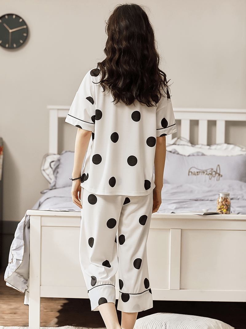 Kvinnor Bomull Polka Dot Kortärmad Pyjamas Set Casual Summer Sleepwear