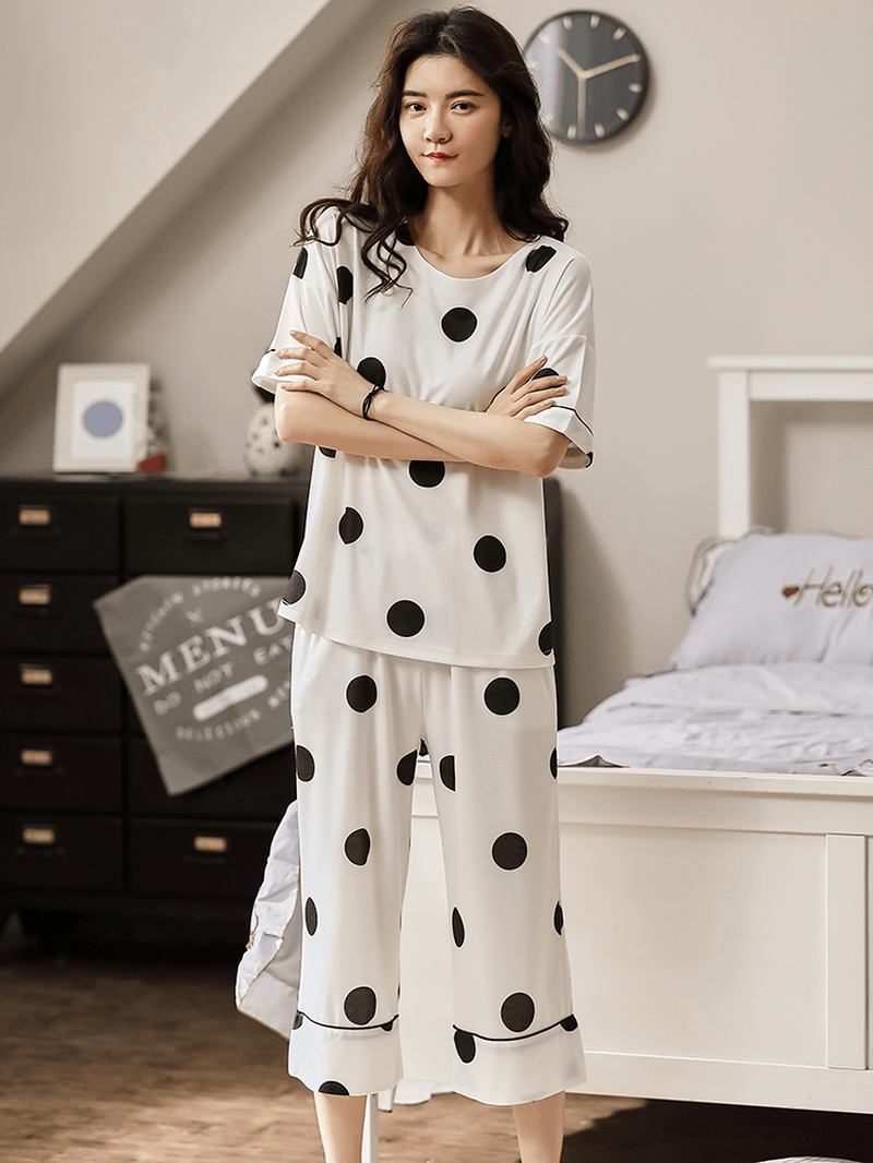 Kvinnor Bomull Polka Dot Kortärmad Pyjamas Set Casual Summer Sleepwear