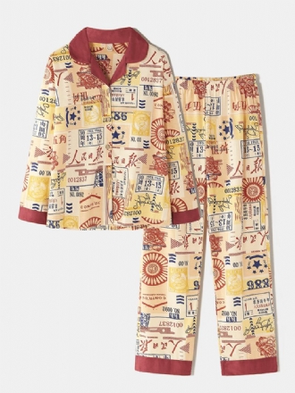 Kvinnor Bomull Vintage Kinesisk Stil Med Tryck Button Up Långärmad Elastisk Midja Hem Casual Pyjamas Set