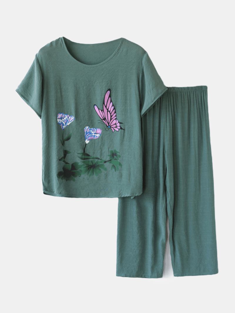 Kvinnor Butterfly Blommor Med Tryck Loungewear Lös Andas Sommarpyjamas