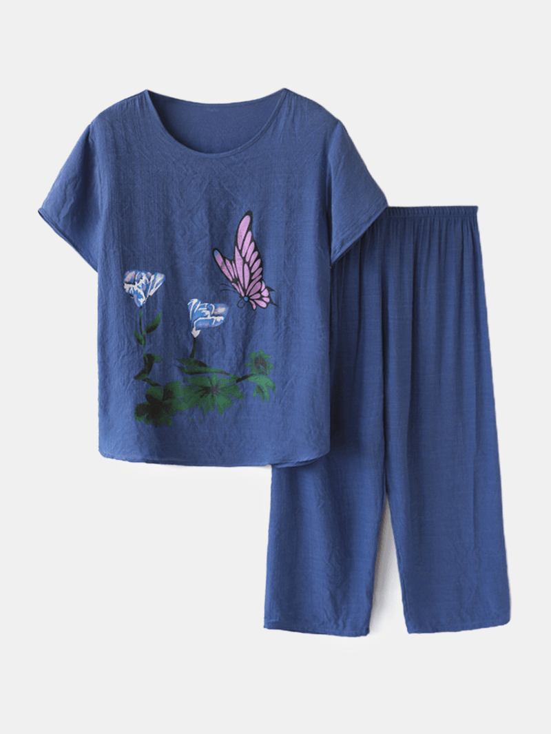 Kvinnor Butterfly Blommor Med Tryck Loungewear Lös Andas Sommarpyjamas