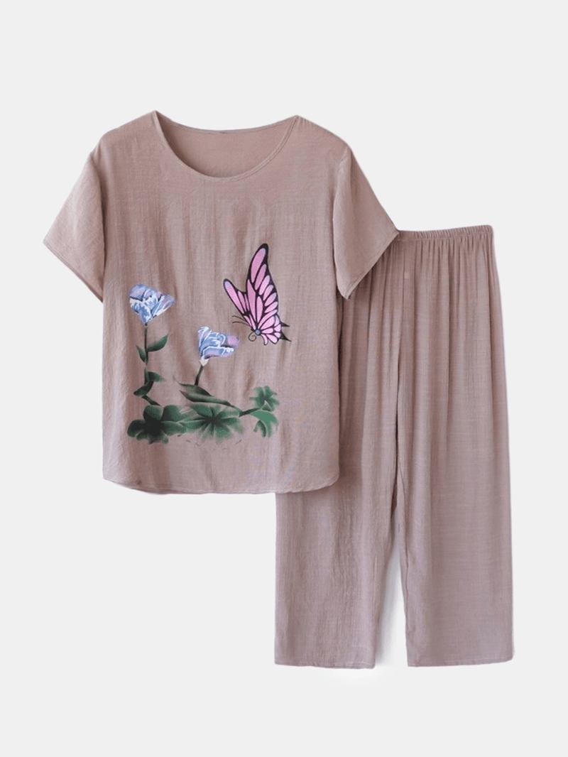 Kvinnor Butterfly Blommor Med Tryck Loungewear Lös Andas Sommarpyjamas