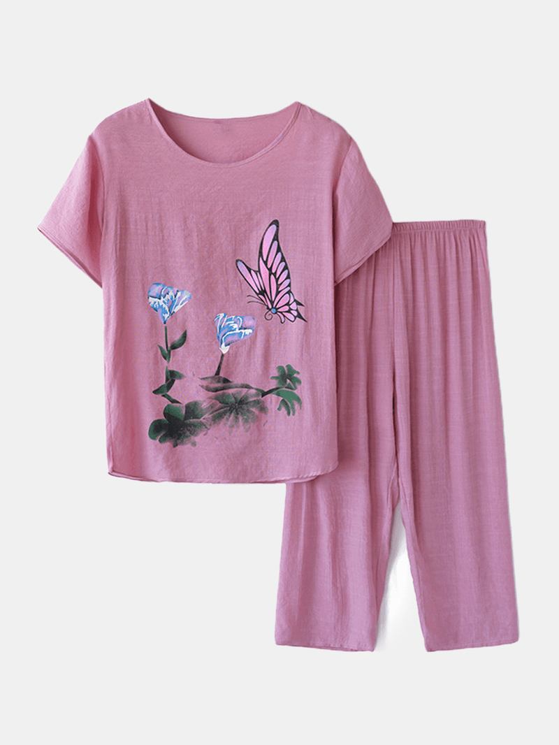 Kvinnor Butterfly Blommor Med Tryck Loungewear Lös Andas Sommarpyjamas