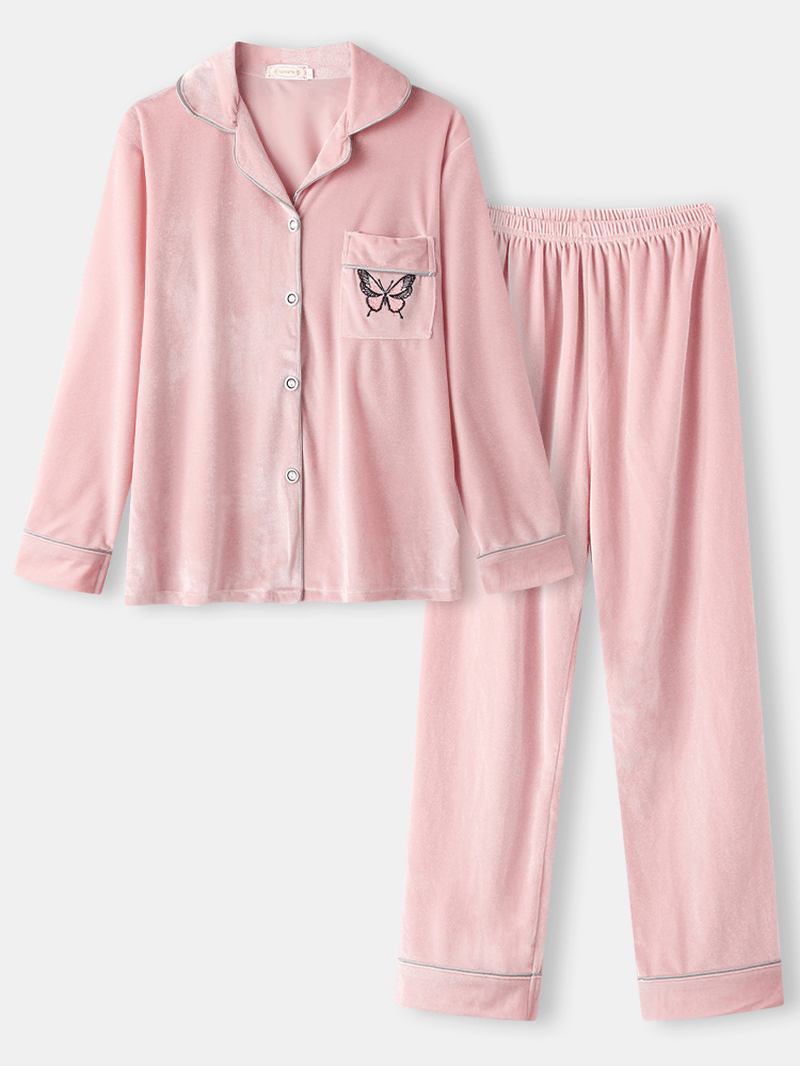 Kvinnor Butterfly Broderi Pocket Skjorta Velvet Elastisk Midja Pant Hem Pyjamas