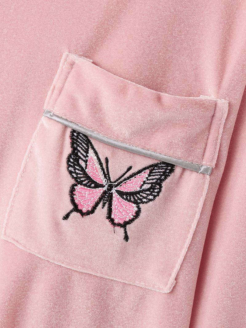 Kvinnor Butterfly Broderi Pocket Skjorta Velvet Elastisk Midja Pant Hem Pyjamas