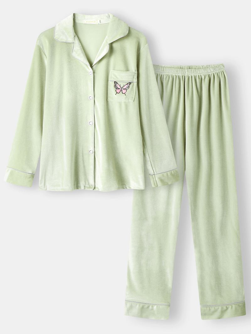 Kvinnor Butterfly Broderi Pocket Skjorta Velvet Elastisk Midja Pant Hem Pyjamas