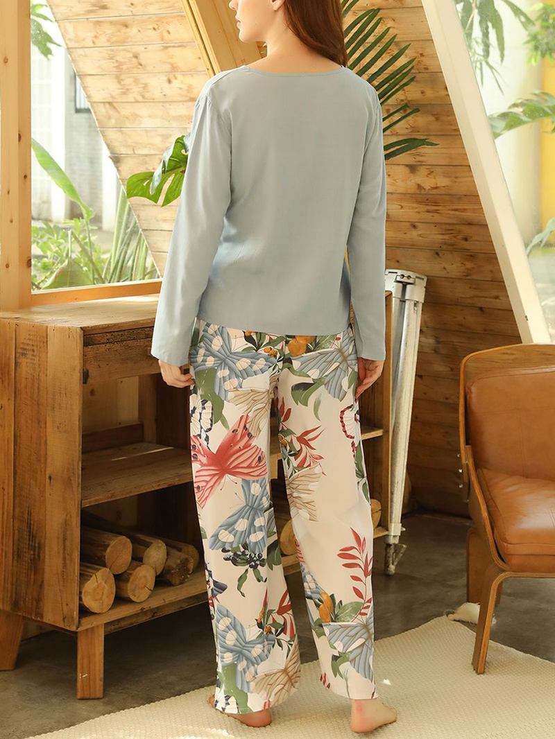 Kvinnor Butterfly & Floral Med Tryck V-neck Bow Long Pyjamas Sets Loungewear