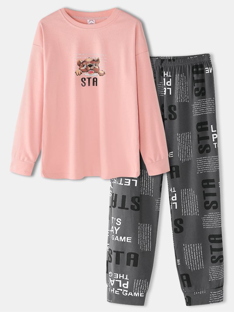 Kvinnor Cartoon Bear Med Tryck Drop Shoulder Pullover Brev Elastisk Midja Byxor Hem Pyjamas Set