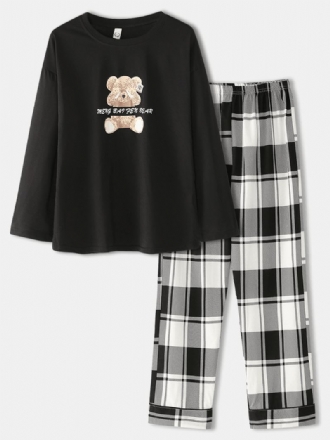 Kvinnor Cartoon Bear Med Tryck Rund Hals Lös Pläd Byxor Hem Lounge Pyjamas Set