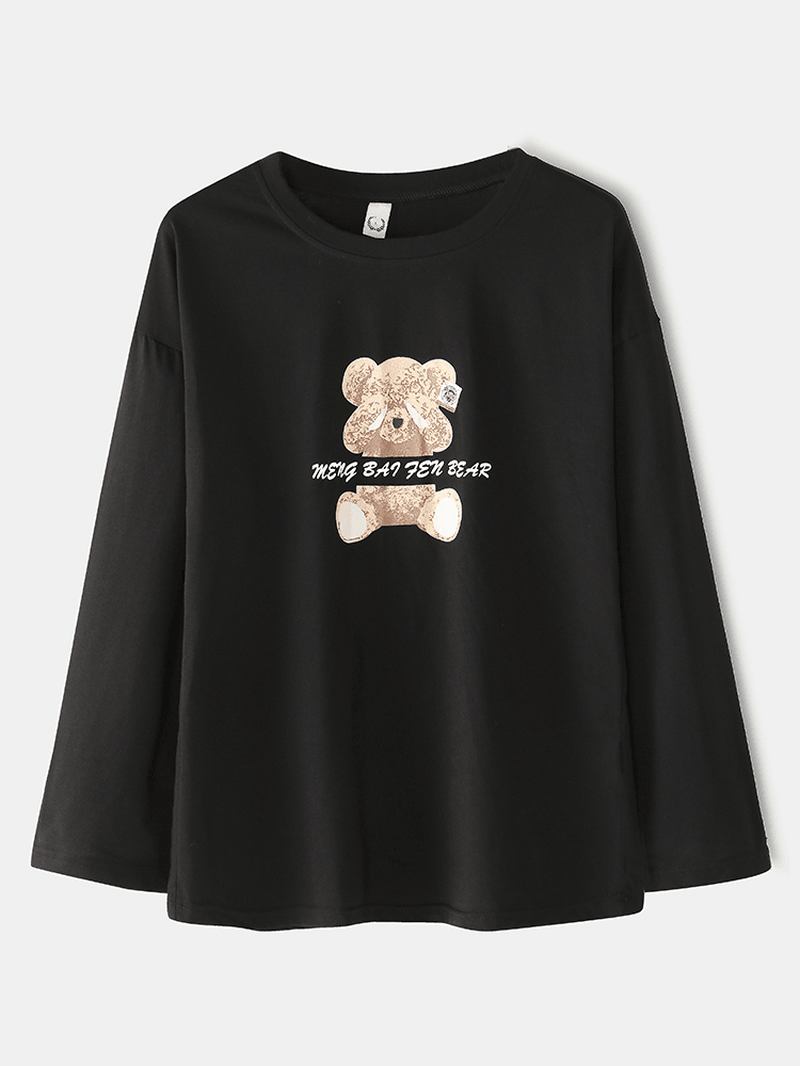 Kvinnor Cartoon Bear Med Tryck Rund Hals Lös Pläd Byxor Hem Lounge Pyjamas Set