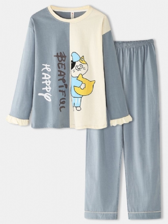 Kvinnor Cartoon Katt Med Tryck Two Tone Patchwork Elastisk Midja Pocket Byxor Hem Pyjamas Set