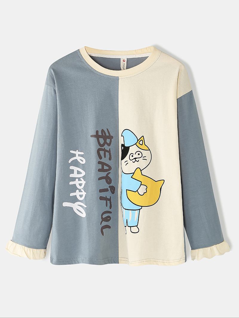 Kvinnor Cartoon Katt Med Tryck Two Tone Patchwork Elastisk Midja Pocket Byxor Hem Pyjamas Set