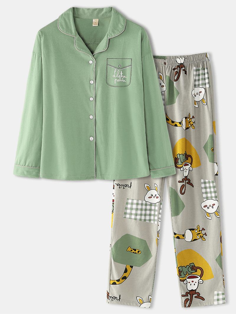 Kvinnor Cartoon Med Tryck Shirt Elastisk Midja Pocket Byxor Hem Pyjamas Set