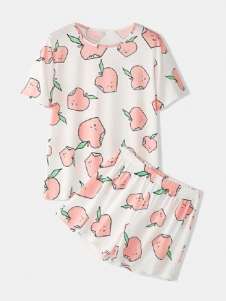 Kvinnor Cartoon Peach Med Tryck Kortärmad Elastisk Midja Hem Casual Pyjamas Set