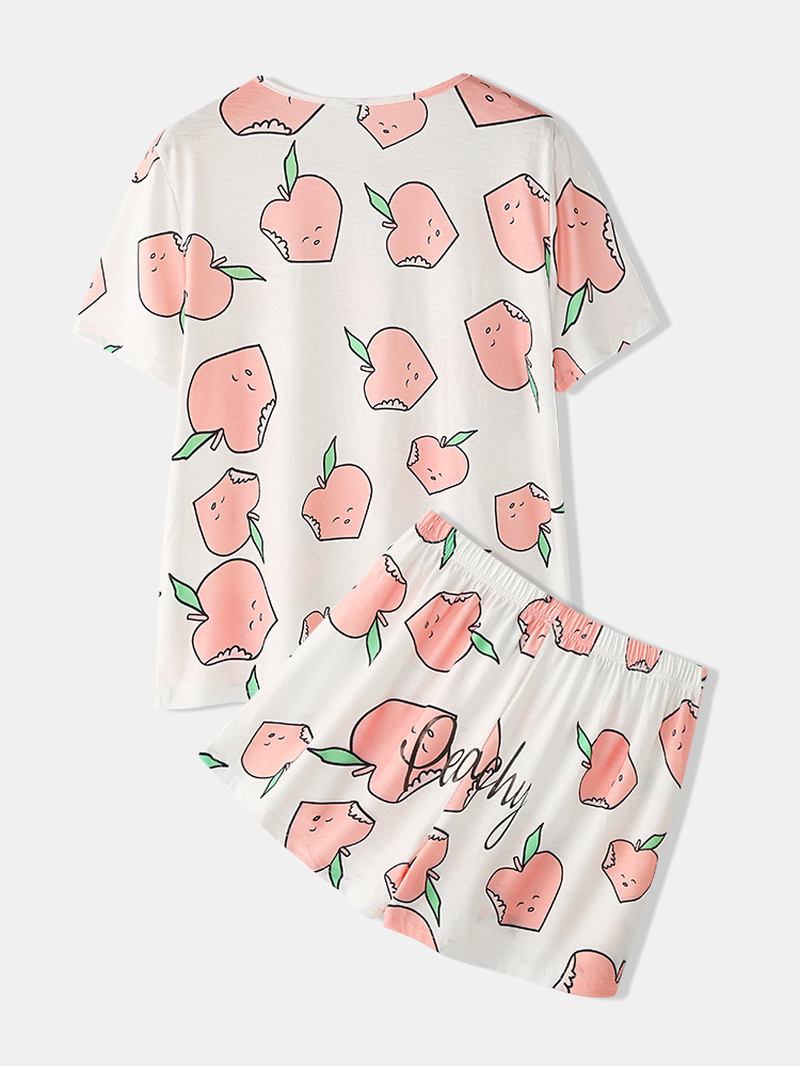 Kvinnor Cartoon Peach Med Tryck Kortärmad Elastisk Midja Hem Casual Pyjamas Set