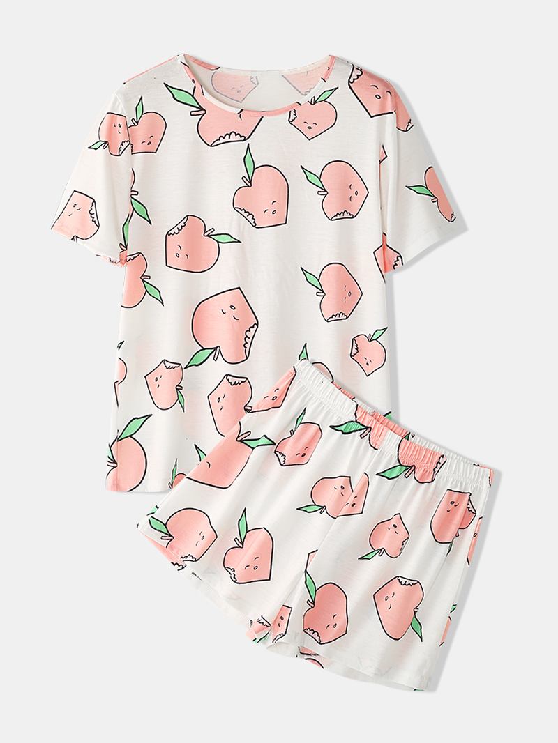 Kvinnor Cartoon Peach Med Tryck Kortärmad Elastisk Midja Hem Casual Pyjamas Set