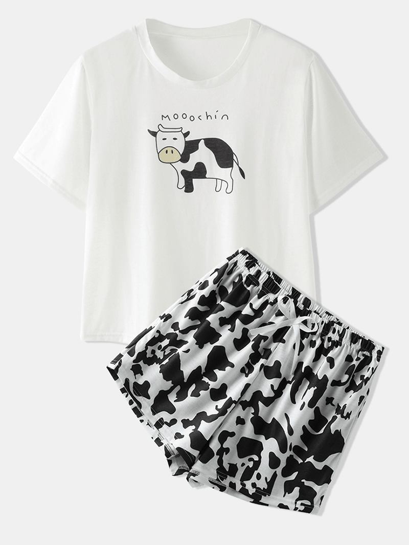 Kvinnor Cow Med Tryck Pyjamas Kort Set O-neck Sommar Nattkläder