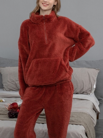 Kvinnor Enfärgad Plysch Fluffig Kangaroo Pocket Pullover Jogger Byxor Hem Pyjamas Set