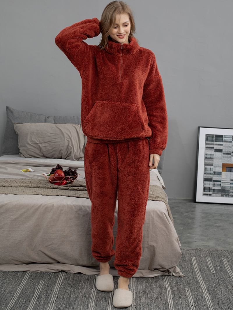 Kvinnor Enfärgad Plysch Fluffig Kangaroo Pocket Pullover Jogger Byxor Hem Pyjamas Set