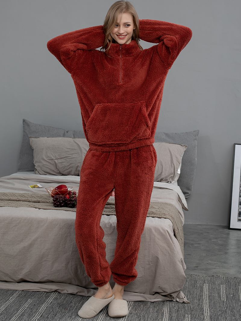 Kvinnor Enfärgad Plysch Fluffig Kangaroo Pocket Pullover Jogger Byxor Hem Pyjamas Set