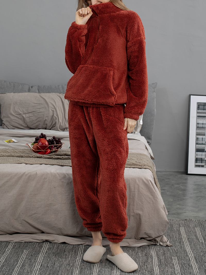 Kvinnor Enfärgad Plysch Fluffig Kangaroo Pocket Pullover Jogger Byxor Hem Pyjamas Set