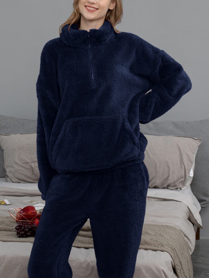 Kvinnor Enfärgad Plysch Fluffig Kangaroo Pocket Pullover Jogger Byxor Hem Pyjamas Set