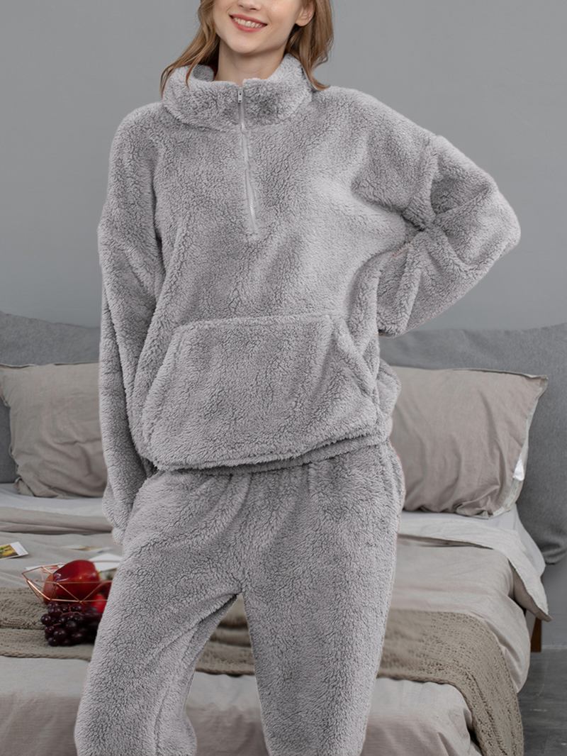 Kvinnor Enfärgad Plysch Fluffig Kangaroo Pocket Pullover Jogger Byxor Hem Pyjamas Set