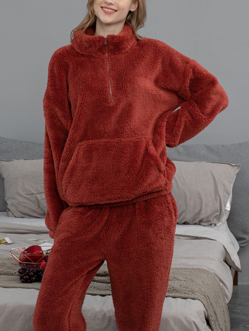 Kvinnor Enfärgad Plysch Fluffig Kangaroo Pocket Pullover Jogger Byxor Hem Pyjamas Set