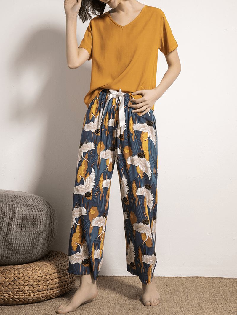 Kvinnor Etnisk Stil Crane Med Tryck V-hals Wide Leg Pyjamas Set