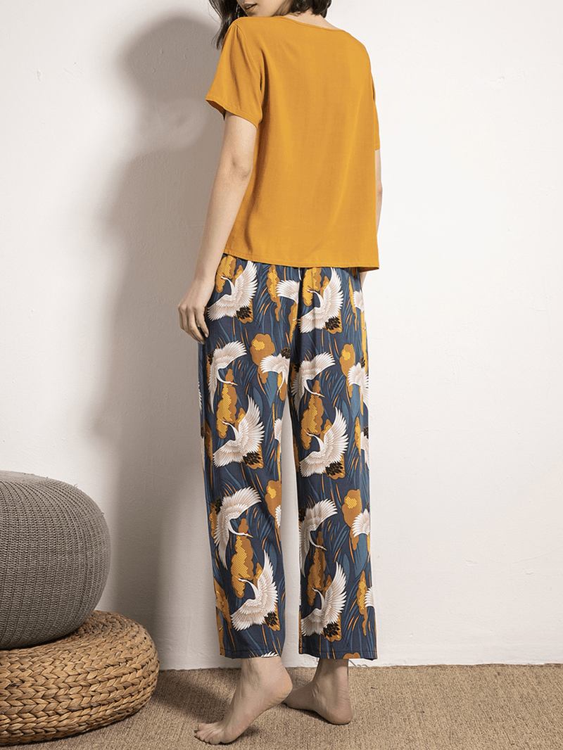 Kvinnor Etnisk Stil Crane Med Tryck V-hals Wide Leg Pyjamas Set