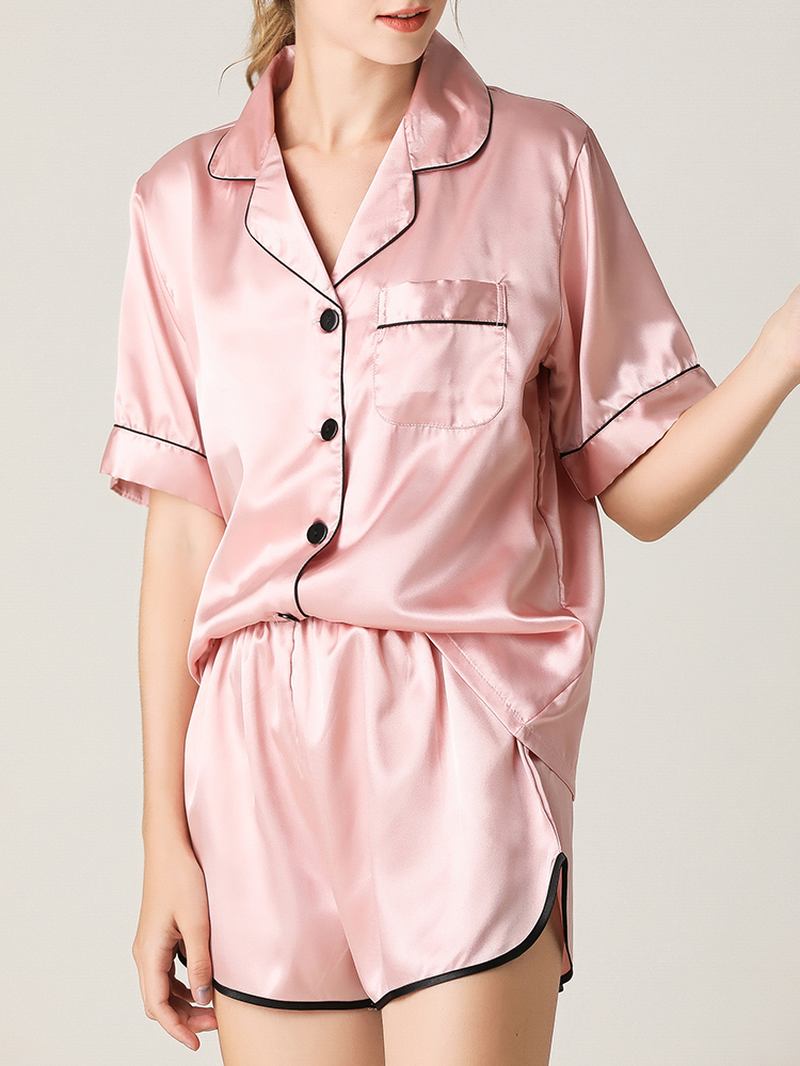 Kvinnor Färgglada Randiga Button Up Revere Krage Pocket Home Ice Silk Pyjamas Set