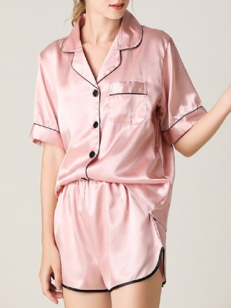 Kvinnor Färgglada Randiga Button Up Revere Krage Pocket Home Ice Silk Pyjamas Set