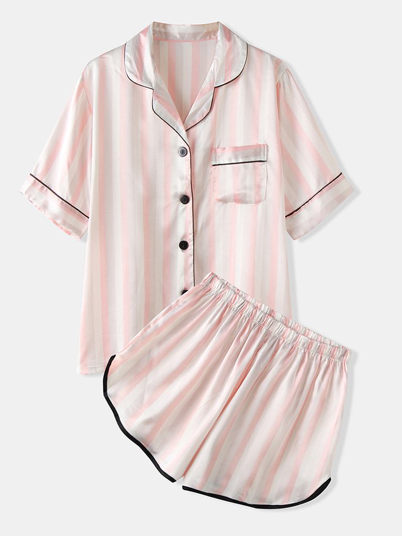 Kvinnor Färgglada Randiga Button Up Revere Krage Pocket Home Ice Silk Pyjamas Set