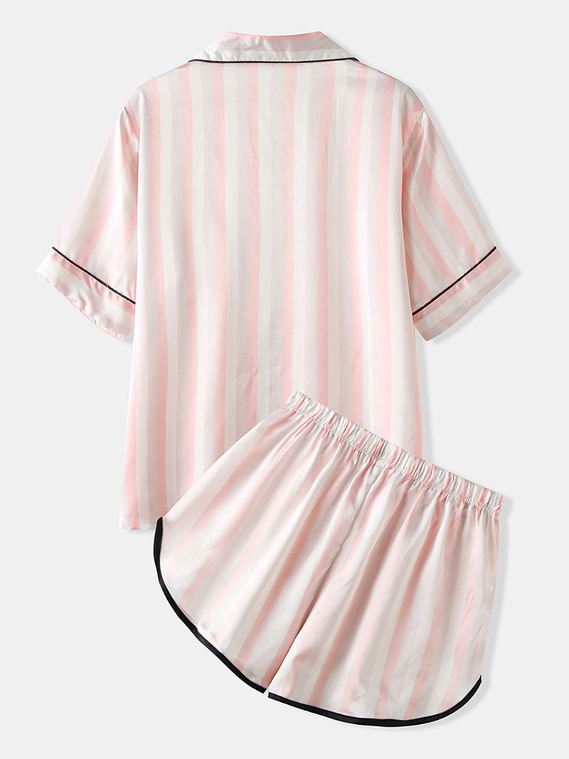 Kvinnor Färgglada Randiga Button Up Revere Krage Pocket Home Ice Silk Pyjamas Set